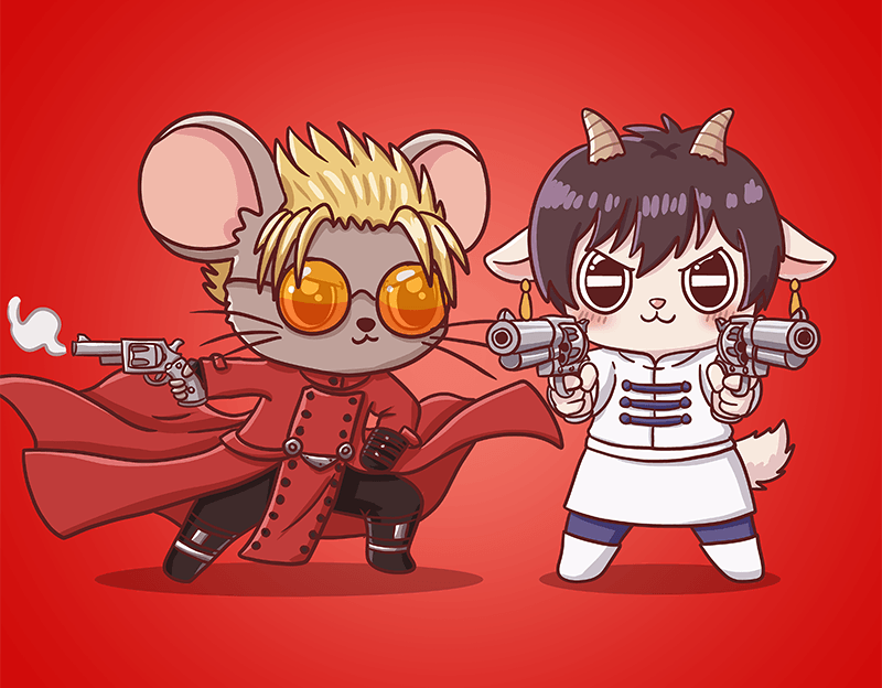 Personajes de Chiva and Friends cosplayeando de Trigun, comisión de personaje