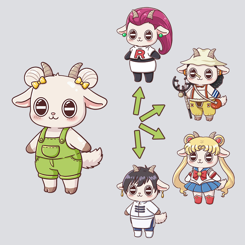 Personaje base transformado en distintos cosplays al estilo Chiva and Friends