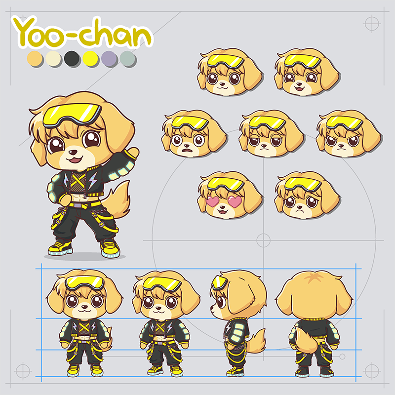 Character sheet de personaje en estilo Chiva and Friends con turnaround y expresiones